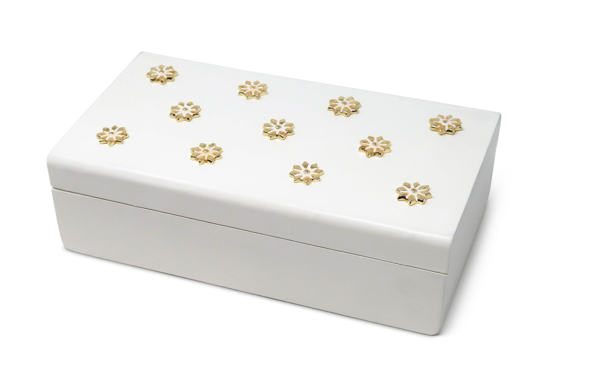 White Wooden Decorative Box with Gold Flower Beads