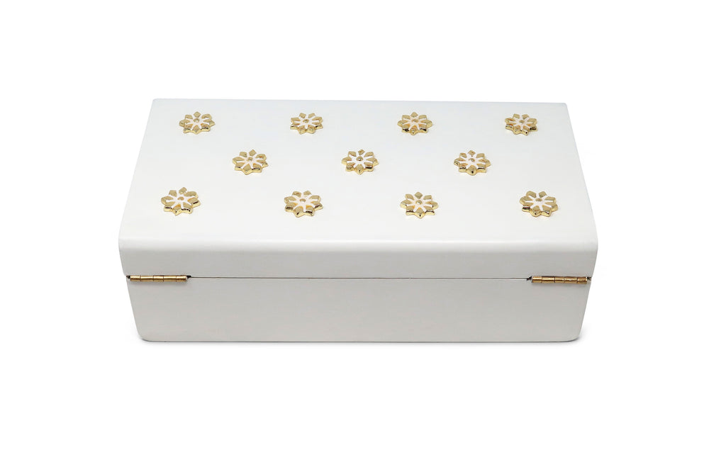 White Wooden Decorative Box with Gold Flower Beads