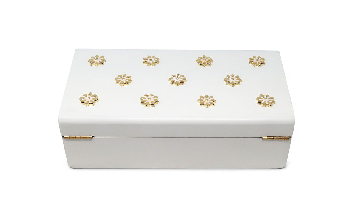 White Wooden Decorative Box with Gold Flower Beads