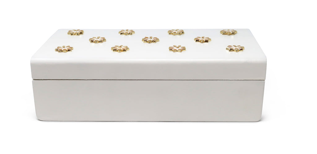 White Wooden Decorative Box with Gold Flower Beads
