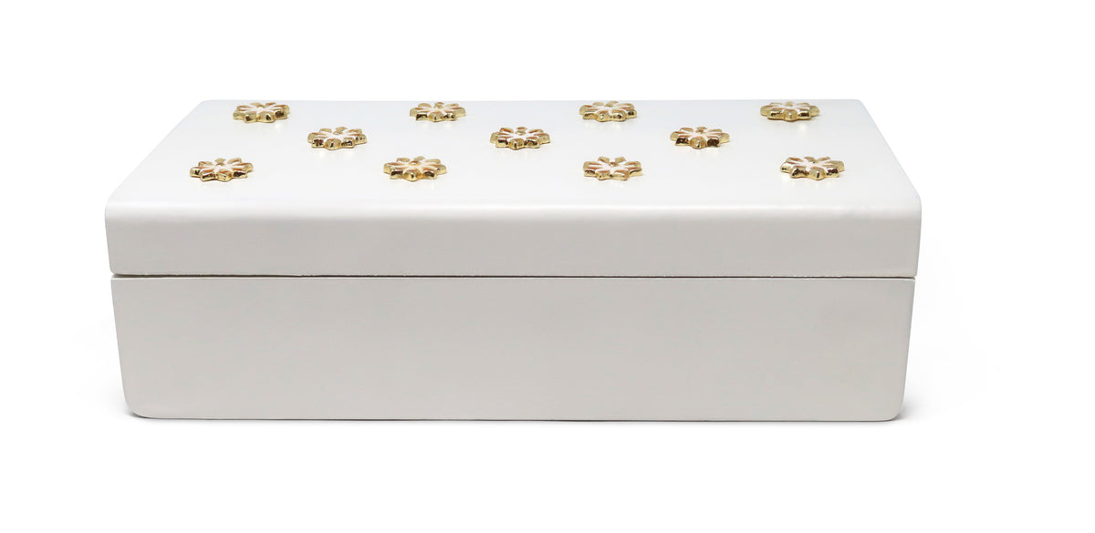 White Wooden Decorative Box with Gold Flower Beads