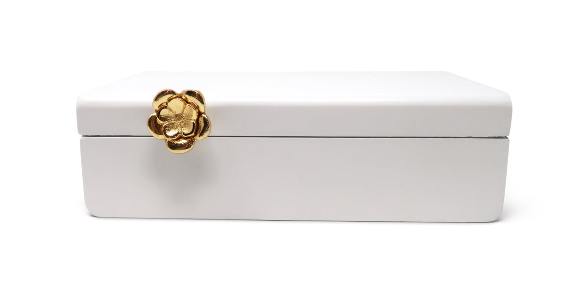 Rectangular White Wood Decorative Box with Gold Flower Detail