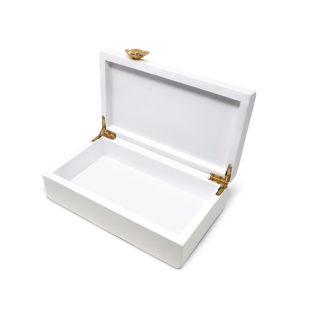 Rectangular White Wood Decorative Box with Gold Flower Detail