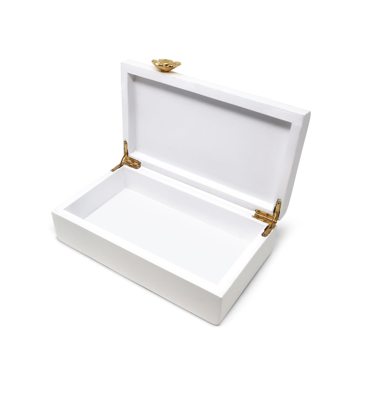 Rectangular White Wood Decorative Box with Gold Flower Detail