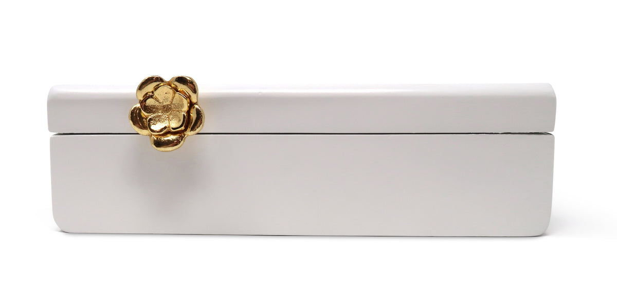 Rectangular White Wood Decorative Box with Gold Flower Detail