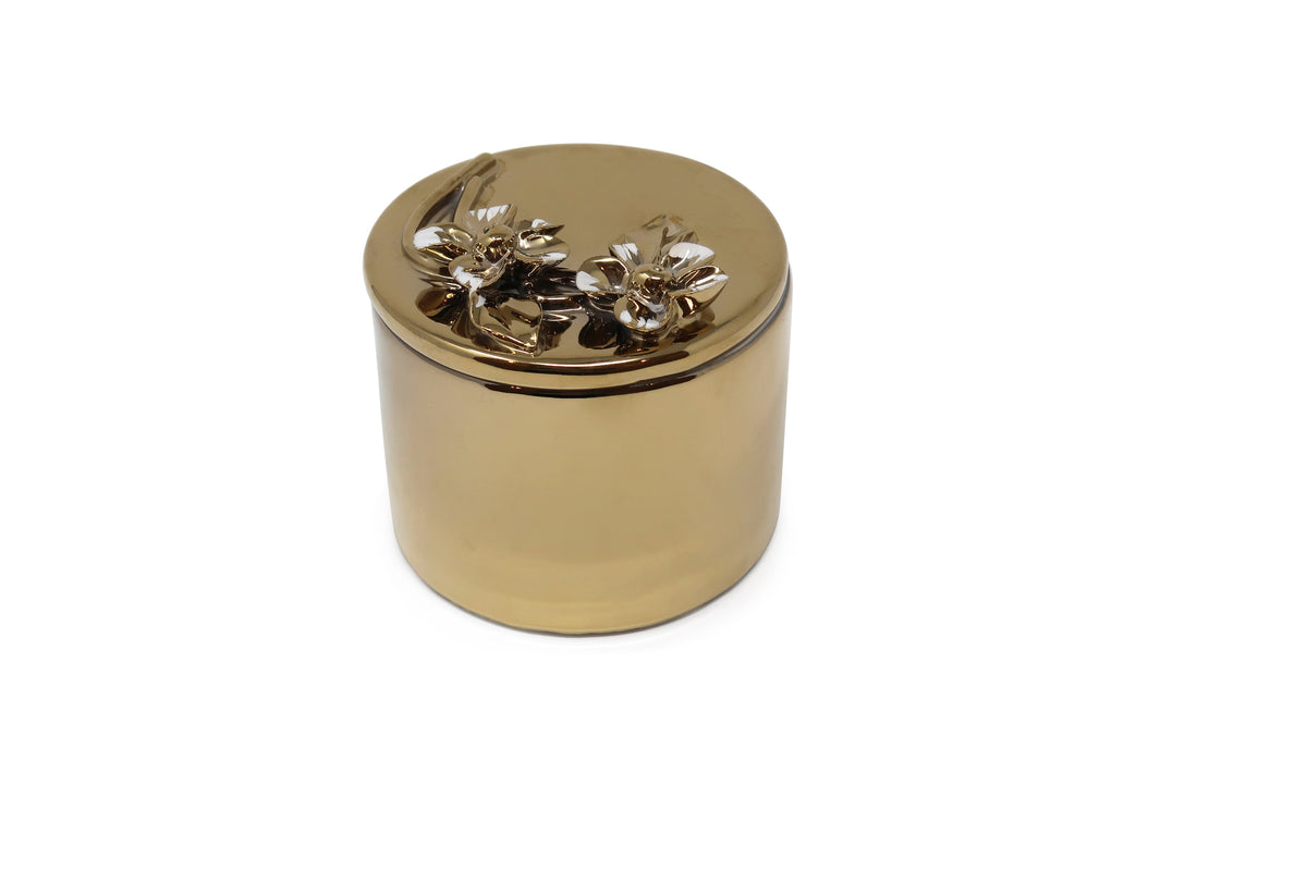 Round Gold Decorative Box With Flower Design Lid