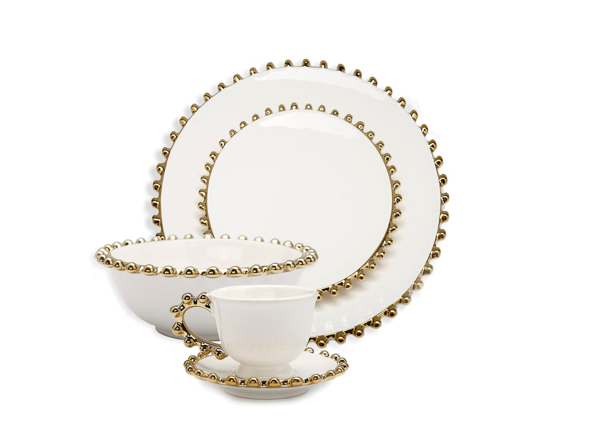 4 Piece White Dinner Set Gold Beaded Border