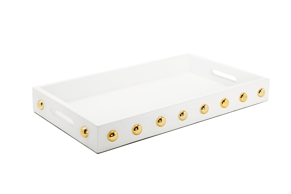 White Decorative Serving Tray With Shiny Gold Ball Design
