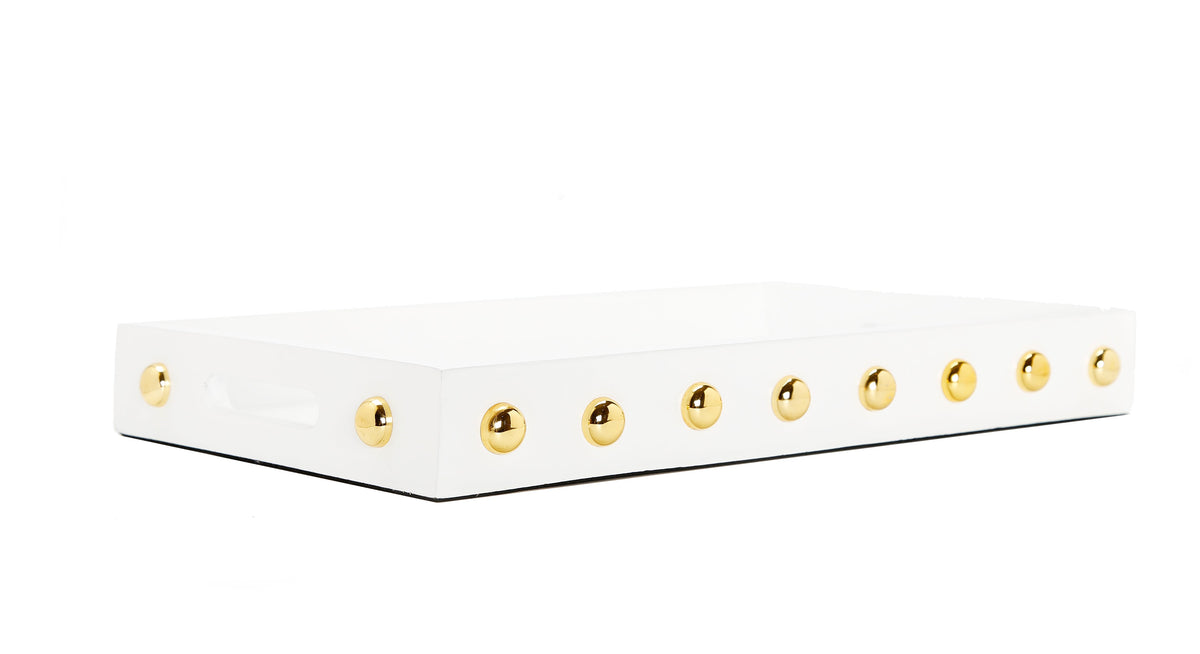 White Decorative Serving Tray With Shiny Gold Ball Design