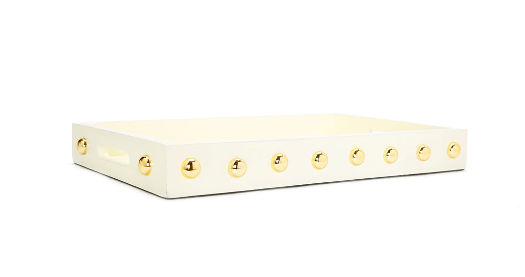 Beige Decorative Serving Tray With Shiny Gold Ball Design