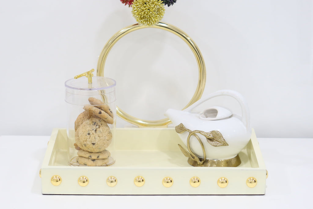 Beige Decorative Serving Tray With Shiny Gold Ball Design