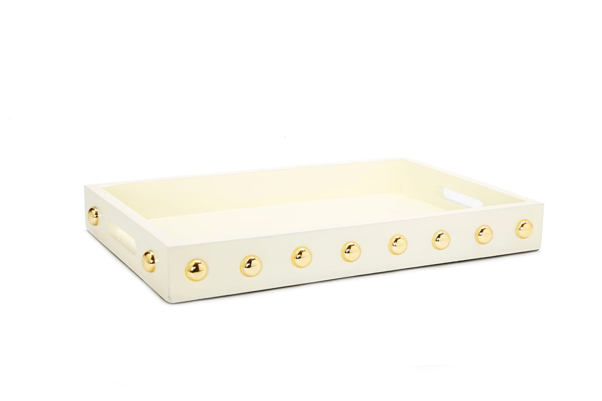 Beige Decorative Serving Tray With Shiny Gold Ball Design