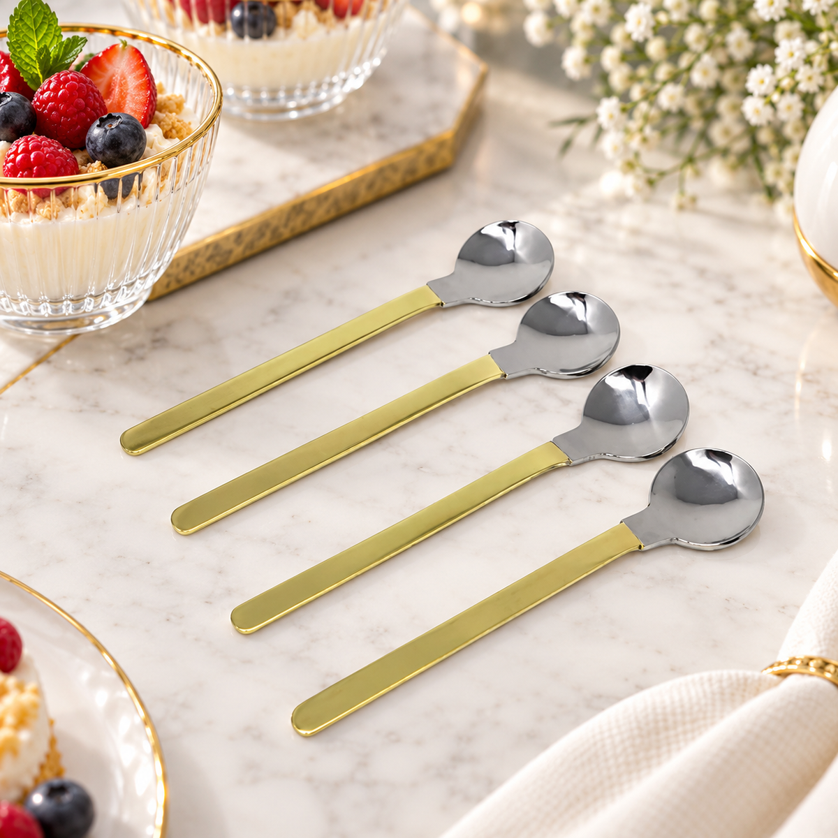 Set of 4 Gold and White Dessert Spoons/Forks