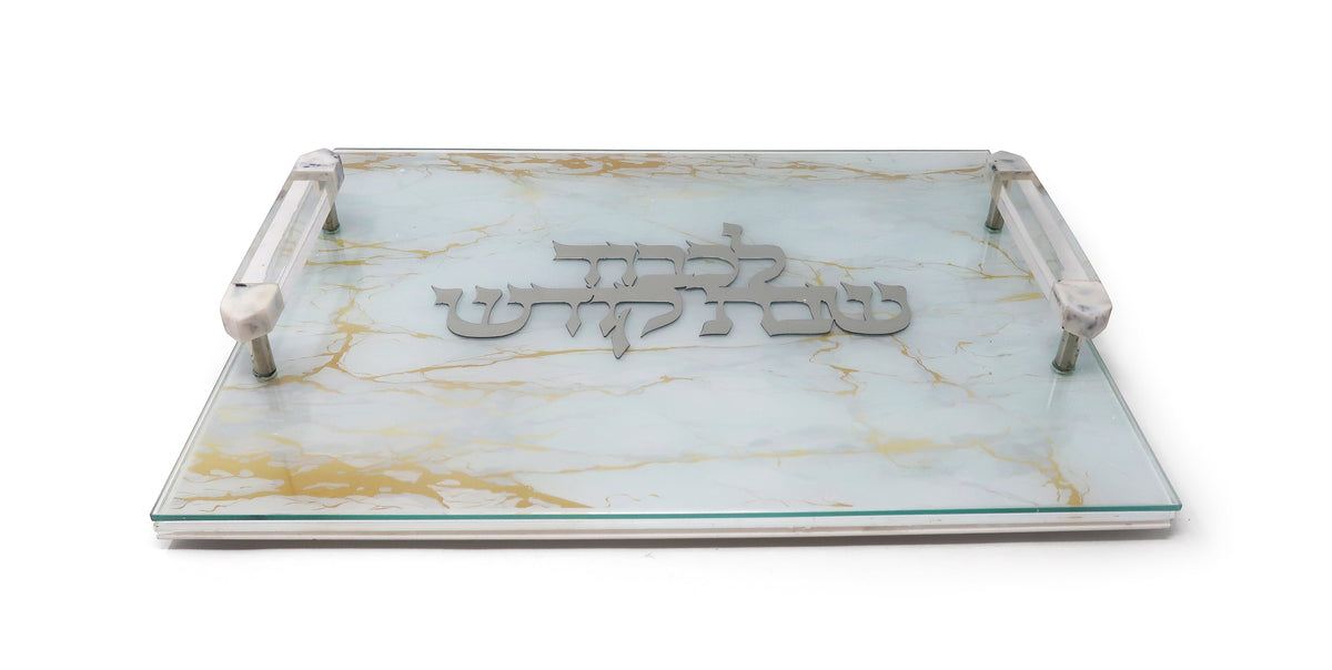 White Leather Challah Board with Glass Top and Gold Print and Acrylic Handles