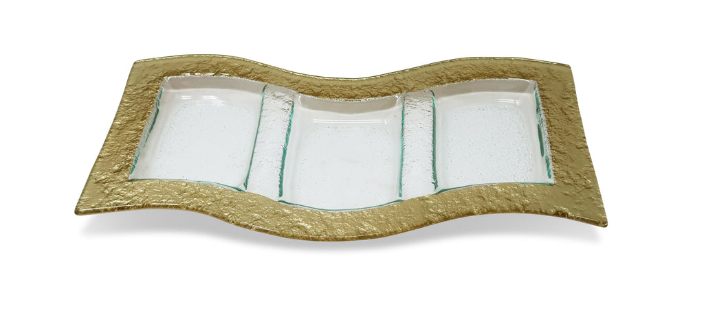 Glass 3 Sectional Wavy Relish Dish with Gold Border - 14.75"L