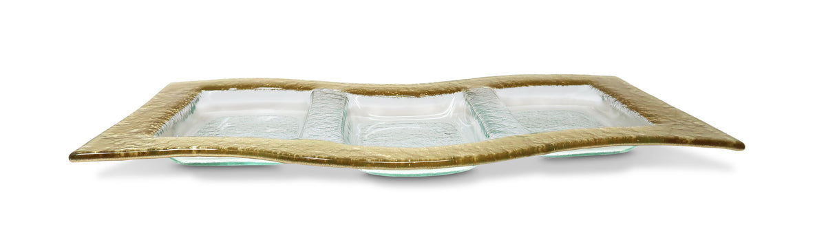 Glass 3 Sectional Wavy Relish Dish with Gold Border - 14.75"L