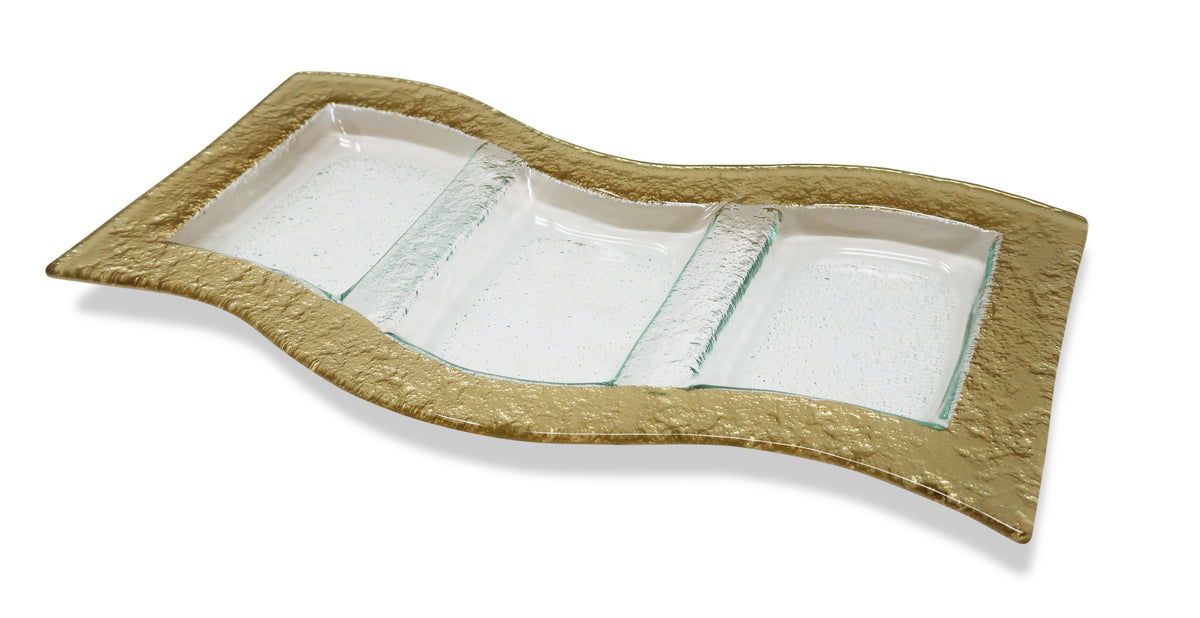 Glass 3 Sectional Wavy Relish Dish with Gold Border - 14.75"L