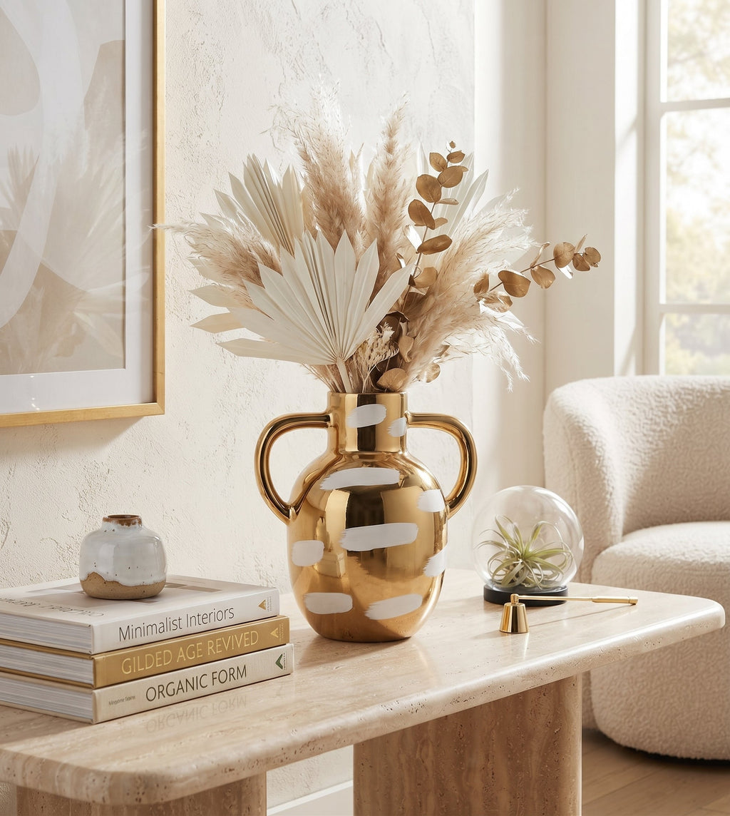 Gold Vase with White Brushstroke Design with Handles