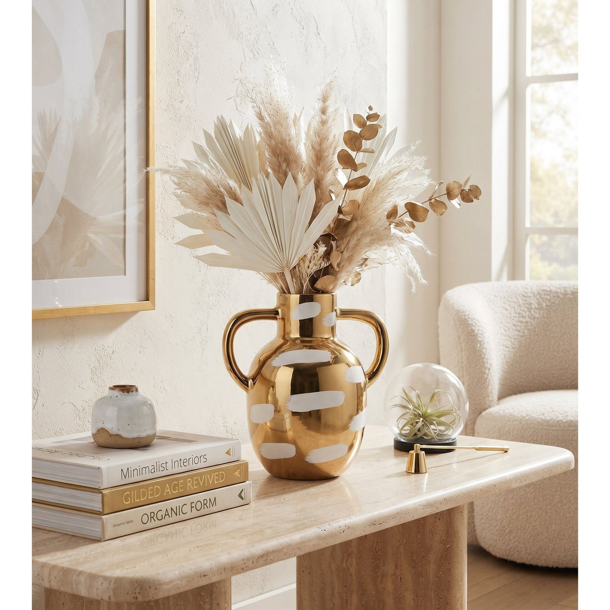 Gold Vase with White Brushstroke Design with Handles