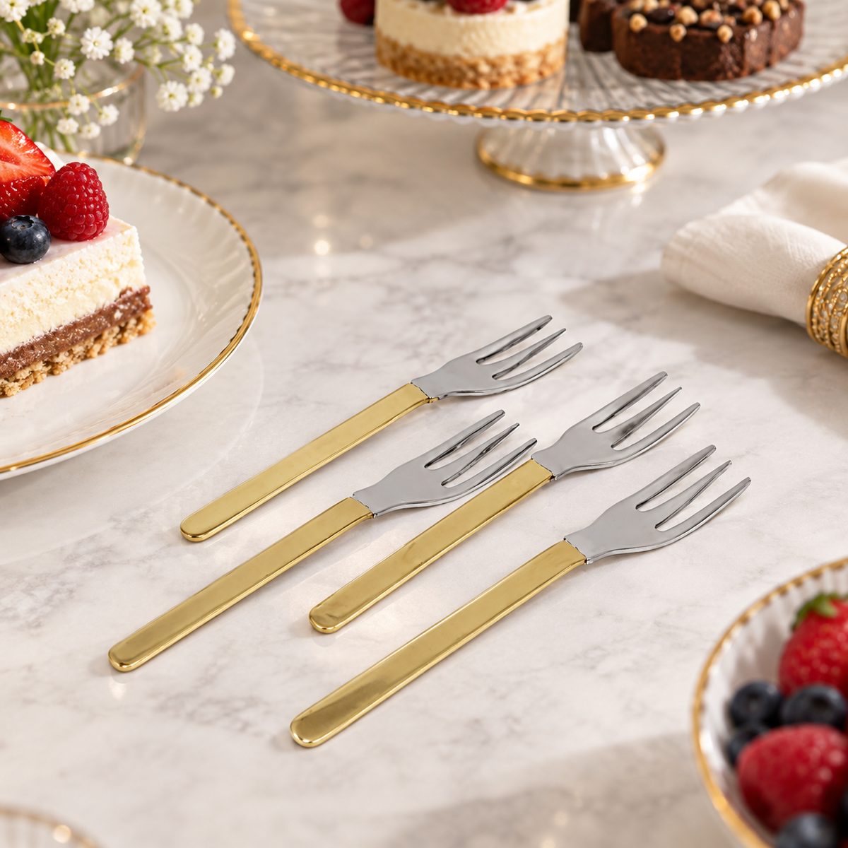 Set of 4 Gold and White Dessert Spoons/Forks
