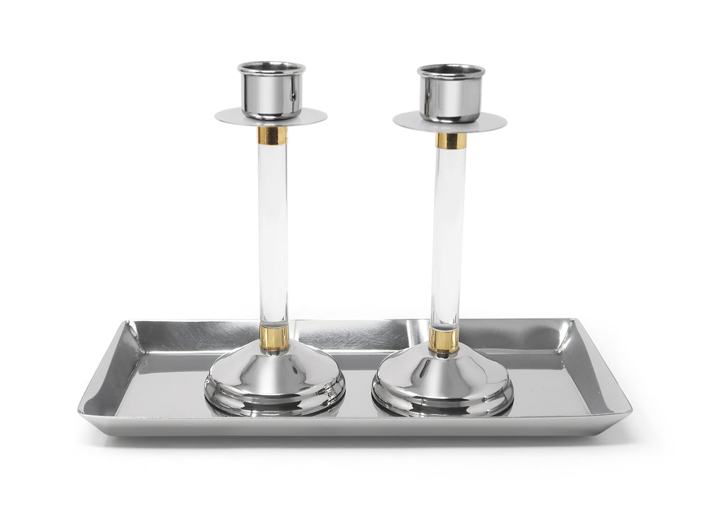 Set of 2 Stainless Steel Candlesticks with Acrylic Stemmed on a Tray