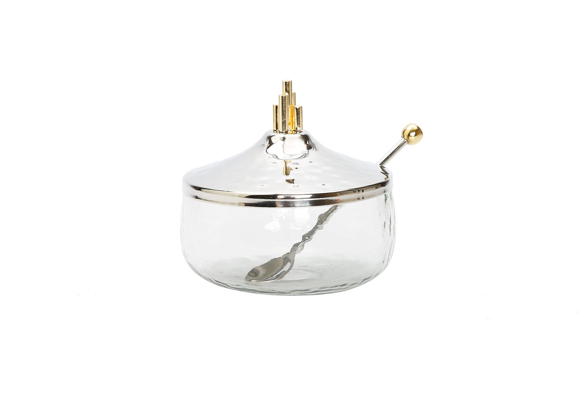 Honey Dish w/ Stainless Steel Lid and Gold Symmetric Design
