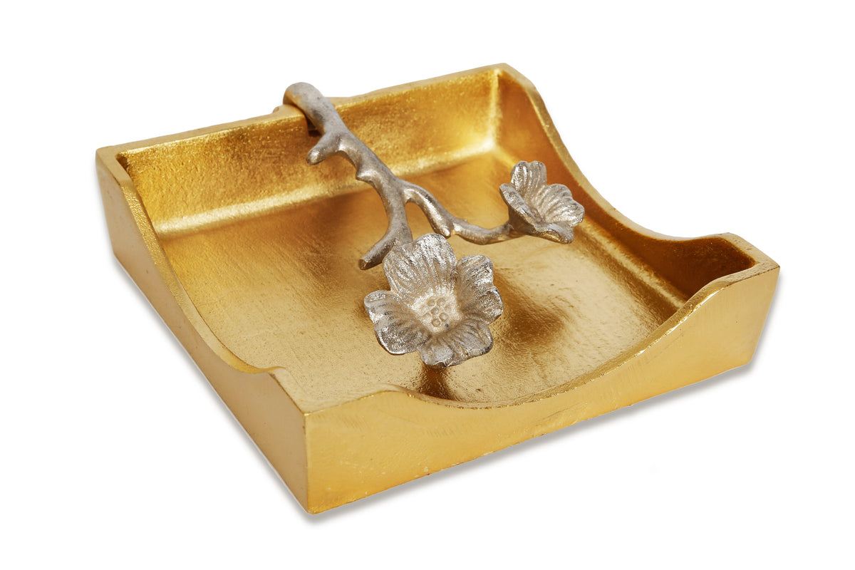 Gold Square Napkin Holder With Silver Flower Design