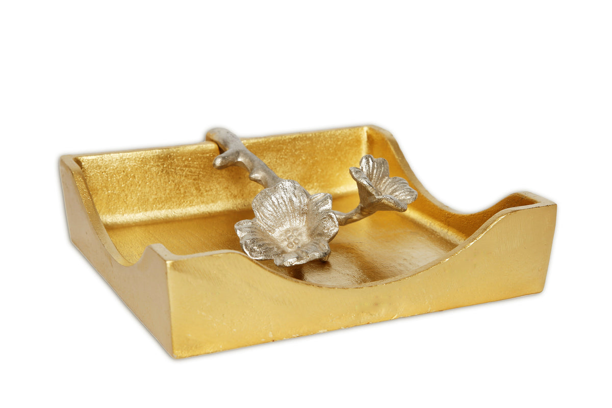 Gold Square Napkin Holder With Silver Flower Design