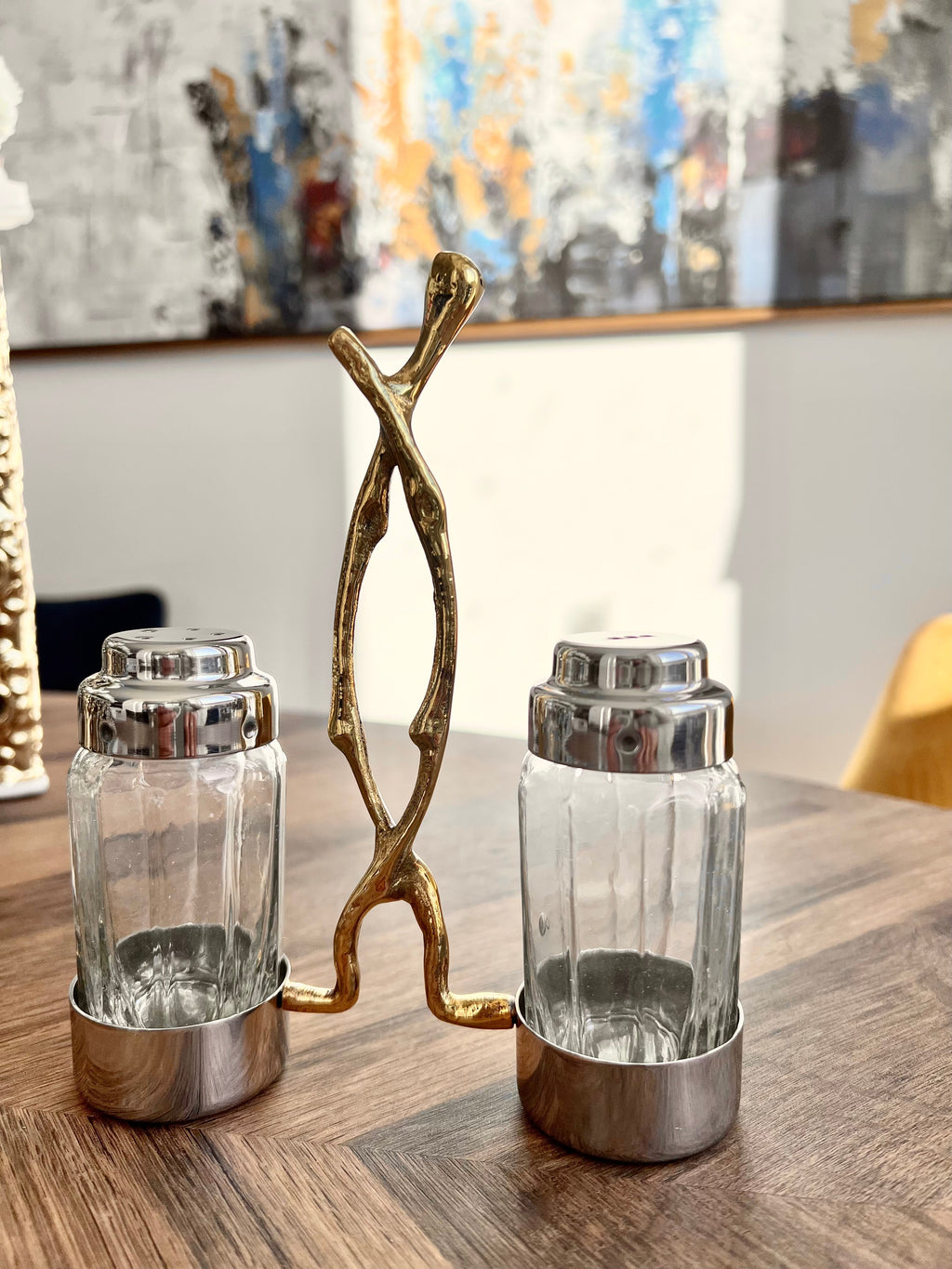 Glass Salt and Pepper Set with Gold Twig Design - 4"L x 2"W x 7.5"H