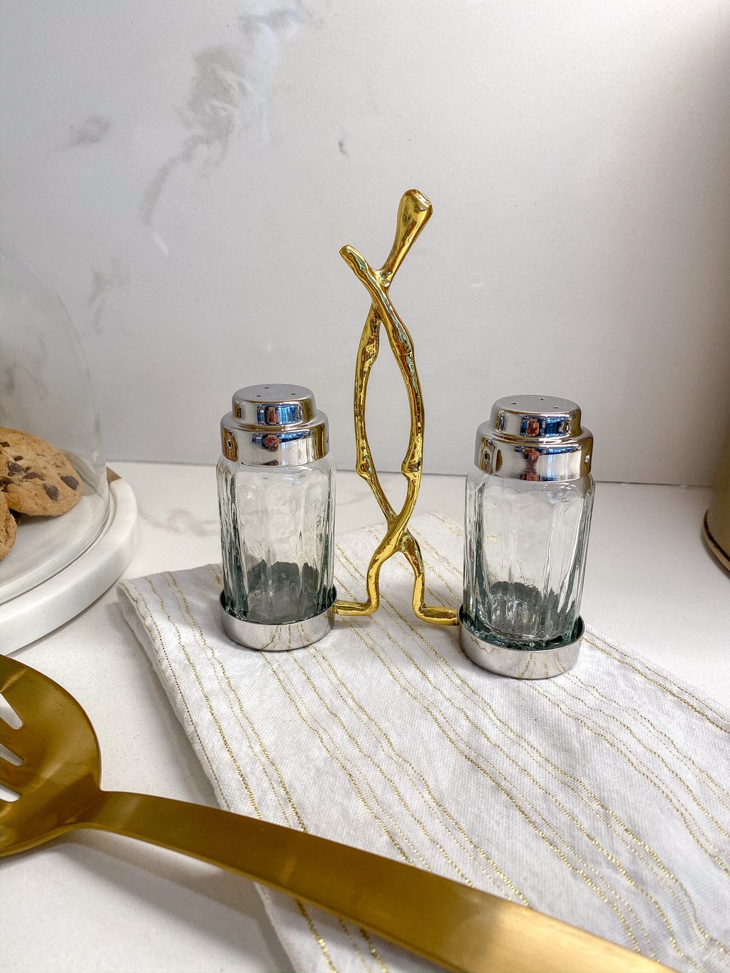Glass Salt and Pepper Set with Gold Twig Design - 4"L x 2"W x 7.5"H