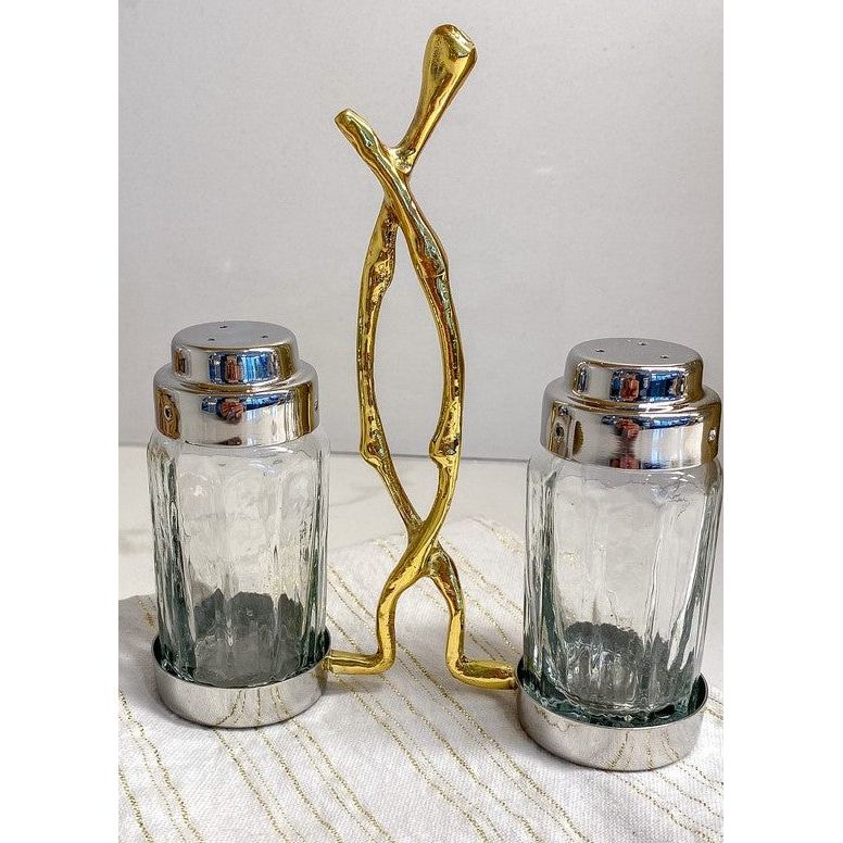 Glass Salt and Pepper Set with Gold Twig Design - 4"L x 2"W x 7.5"H