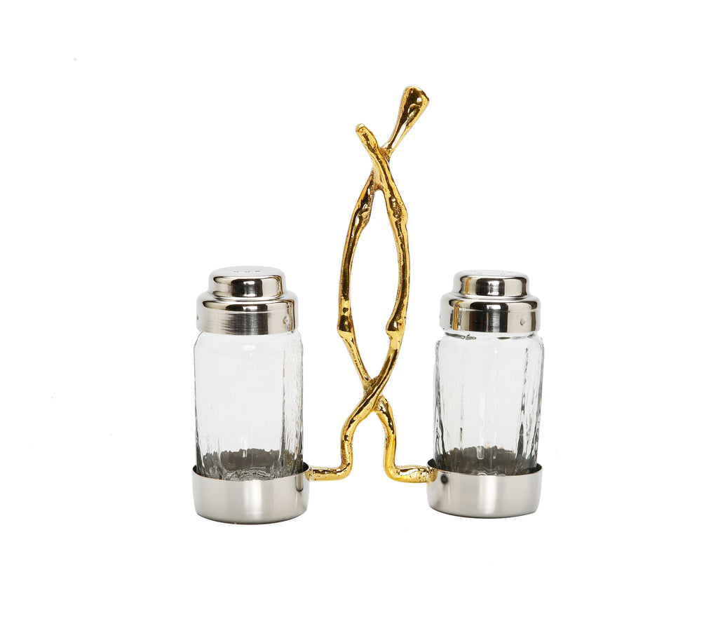 Glass Salt and Pepper Set with Gold Twig Design - 4"L x 2"W x 7.5"H