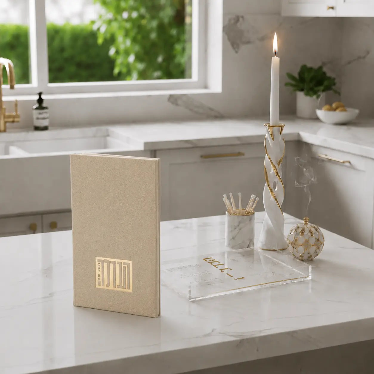 Tan leather Havdalah booklet displayed on white desk with notebook and candle holder in modern home setting.