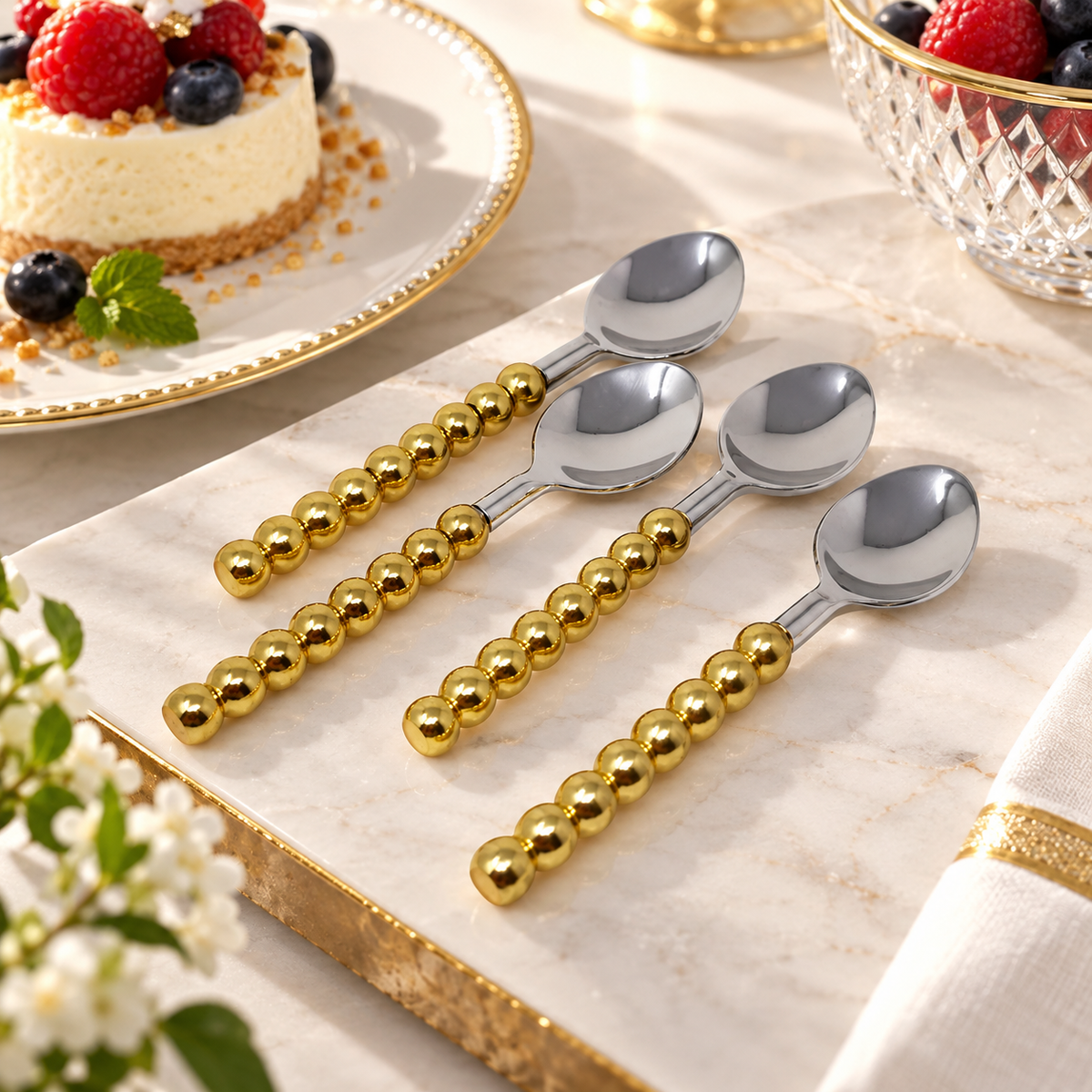 Set of 4 Gold Beaded Handles Dessert Spoons/Forks
