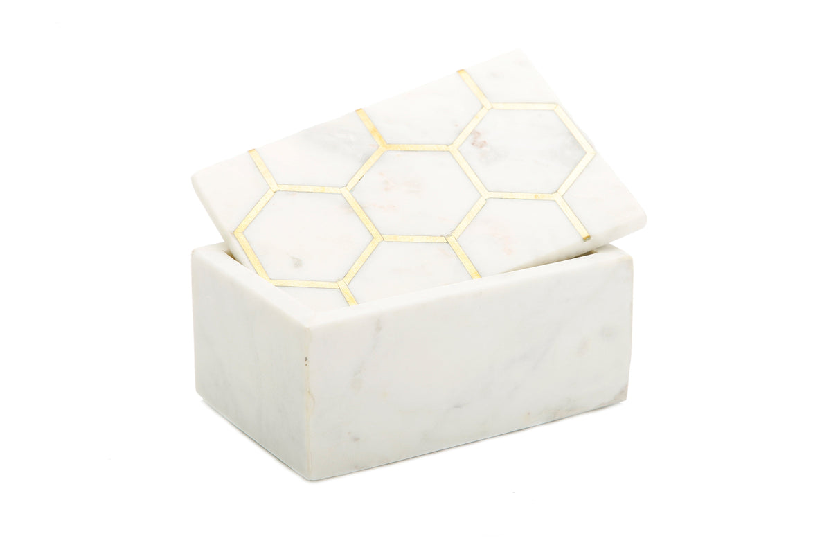 White Marble Decorative Box W/ Gold Hexagon Design On cover