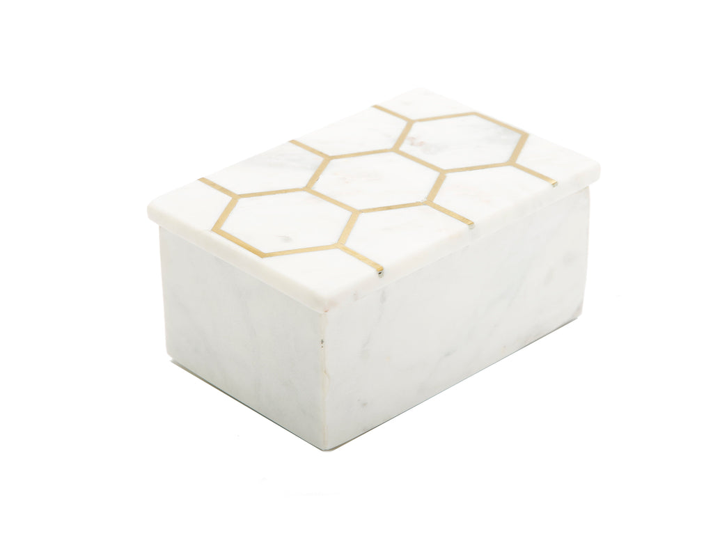 White Marble Decorative Box W/ Gold Hexagon Design On cover