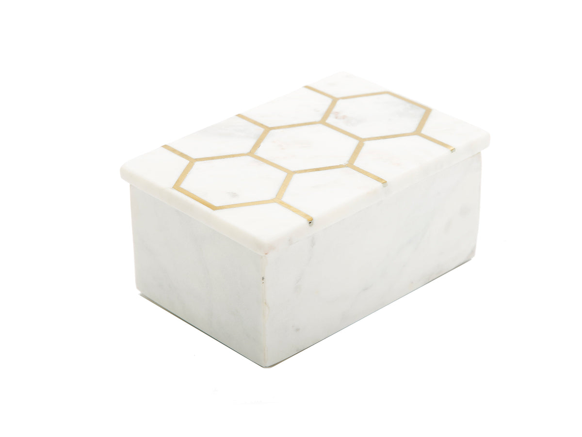 White Marble Decorative Box W/ Gold Hexagon Design On cover