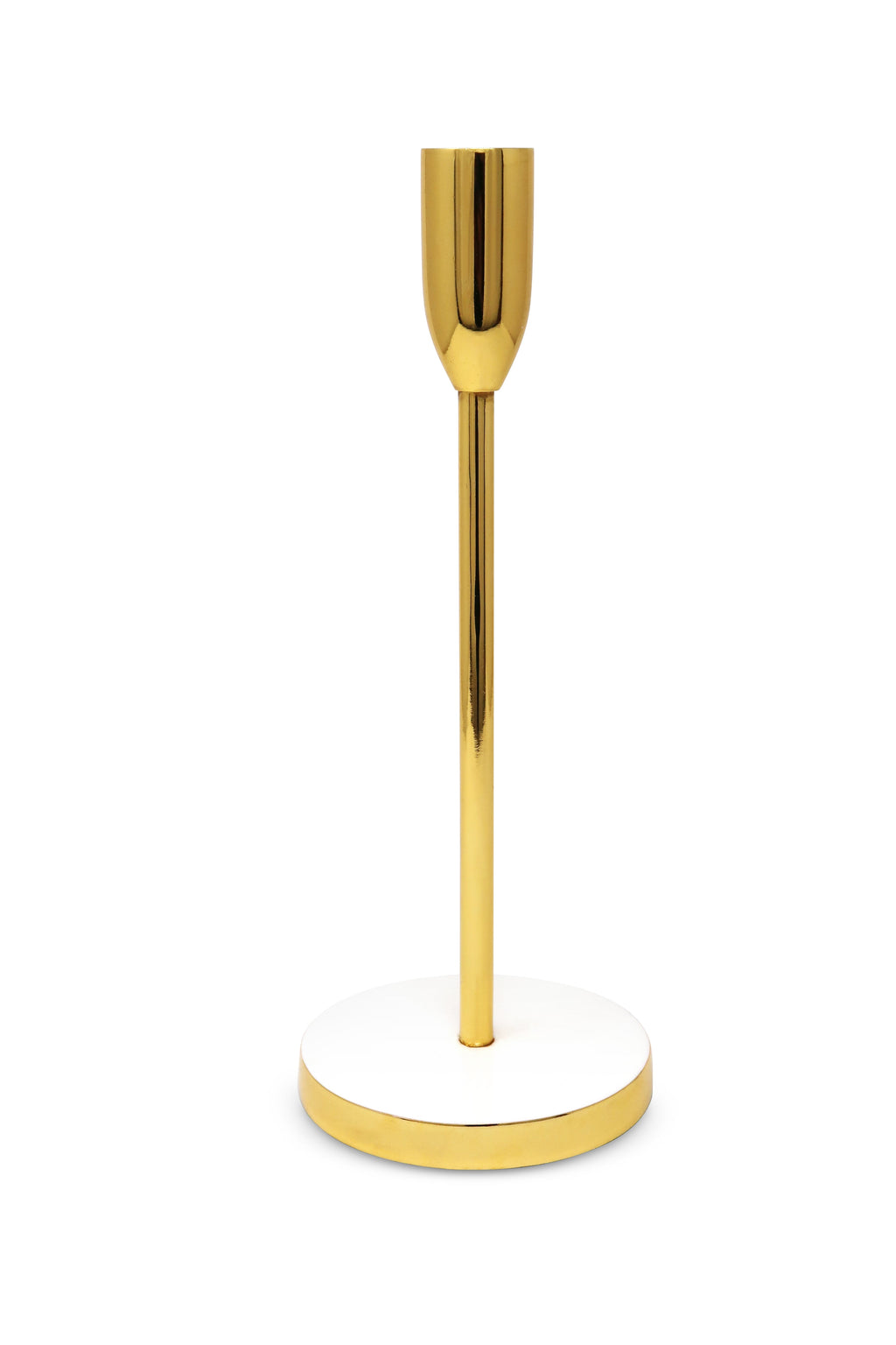 Gold Taper Candle Holder on White Marble Base - 10"H
