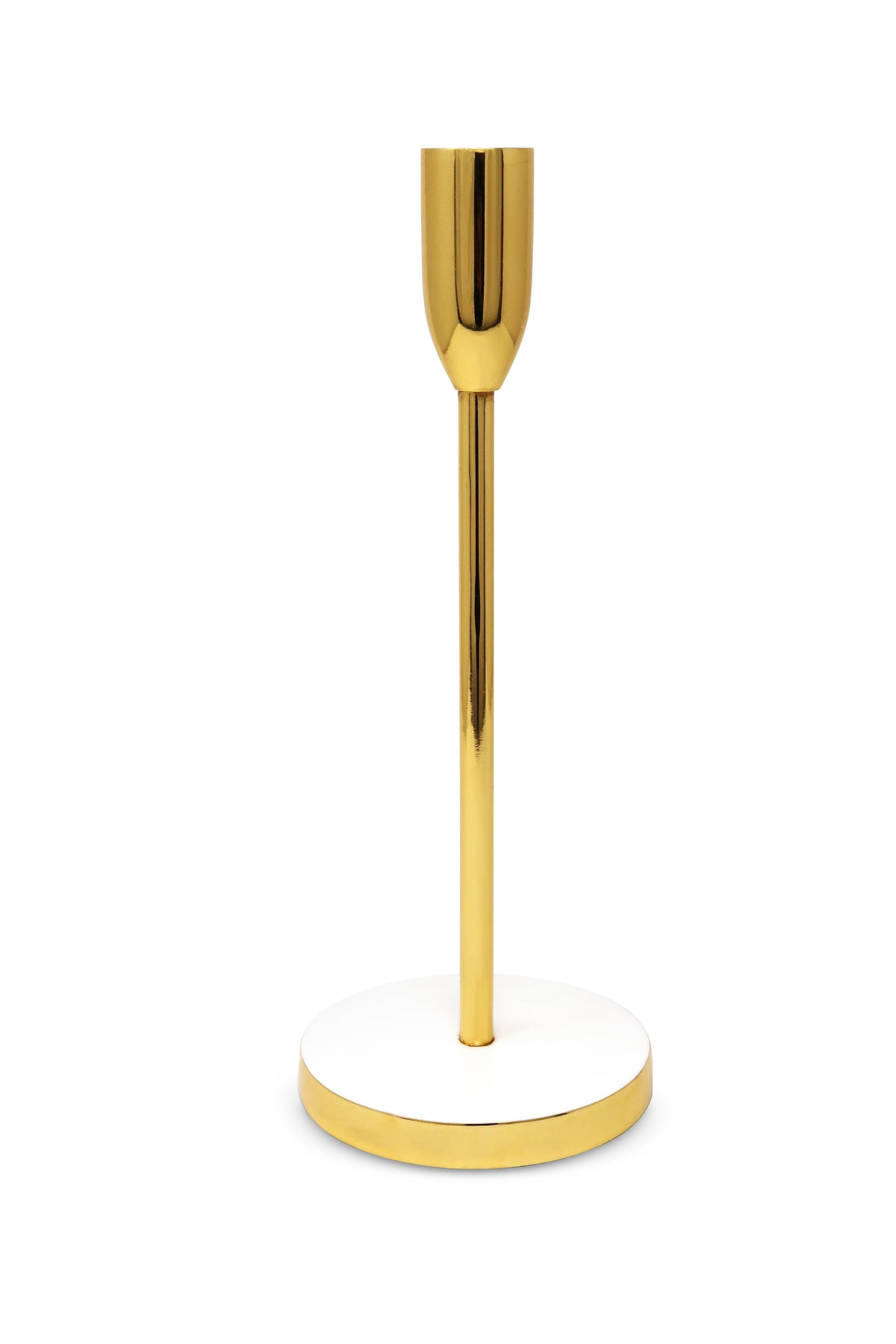 Gold Taper Candle Holder on White Marble Base - 10"H
