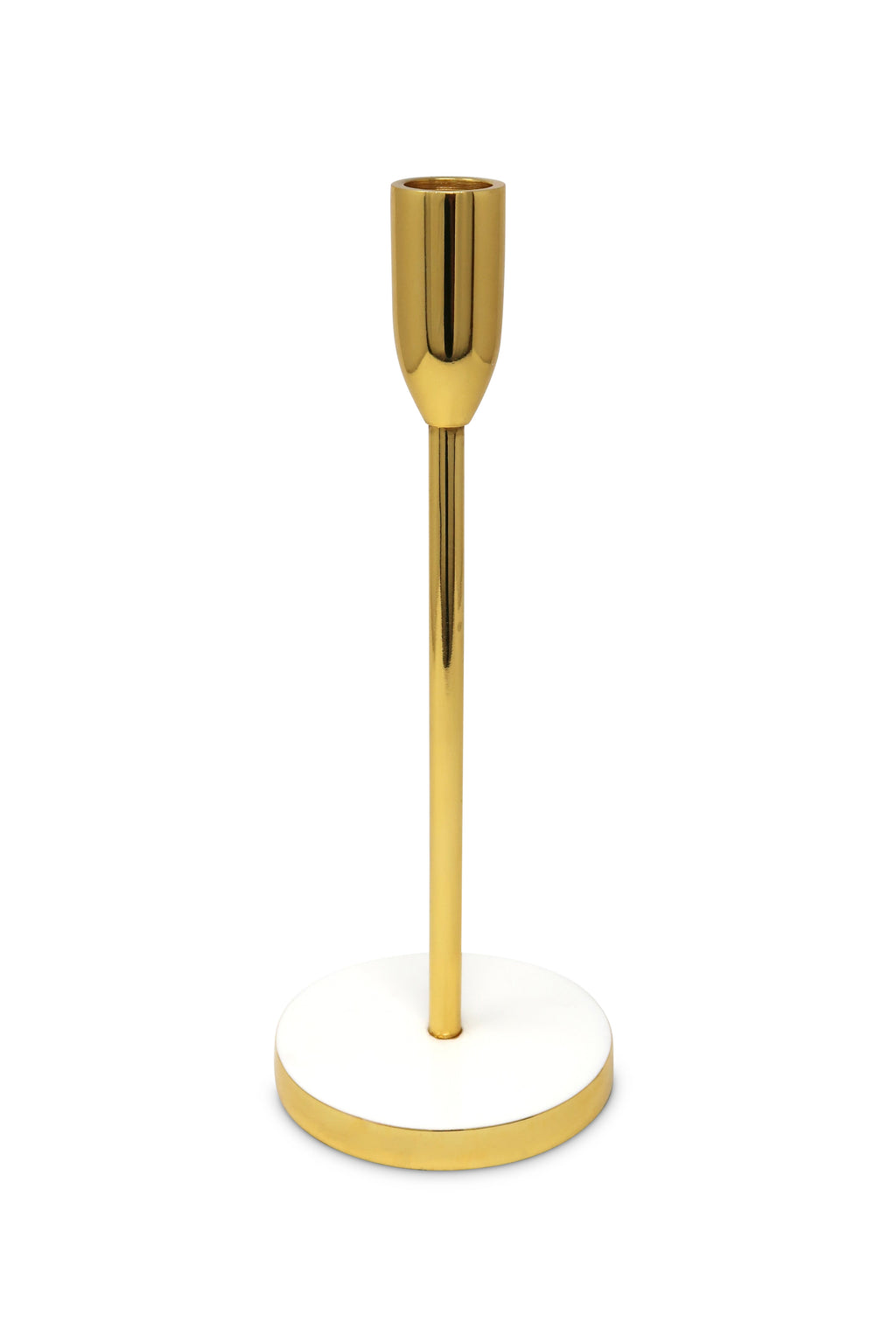 Gold Taper Candle Holder on White Marble Base - 10"H