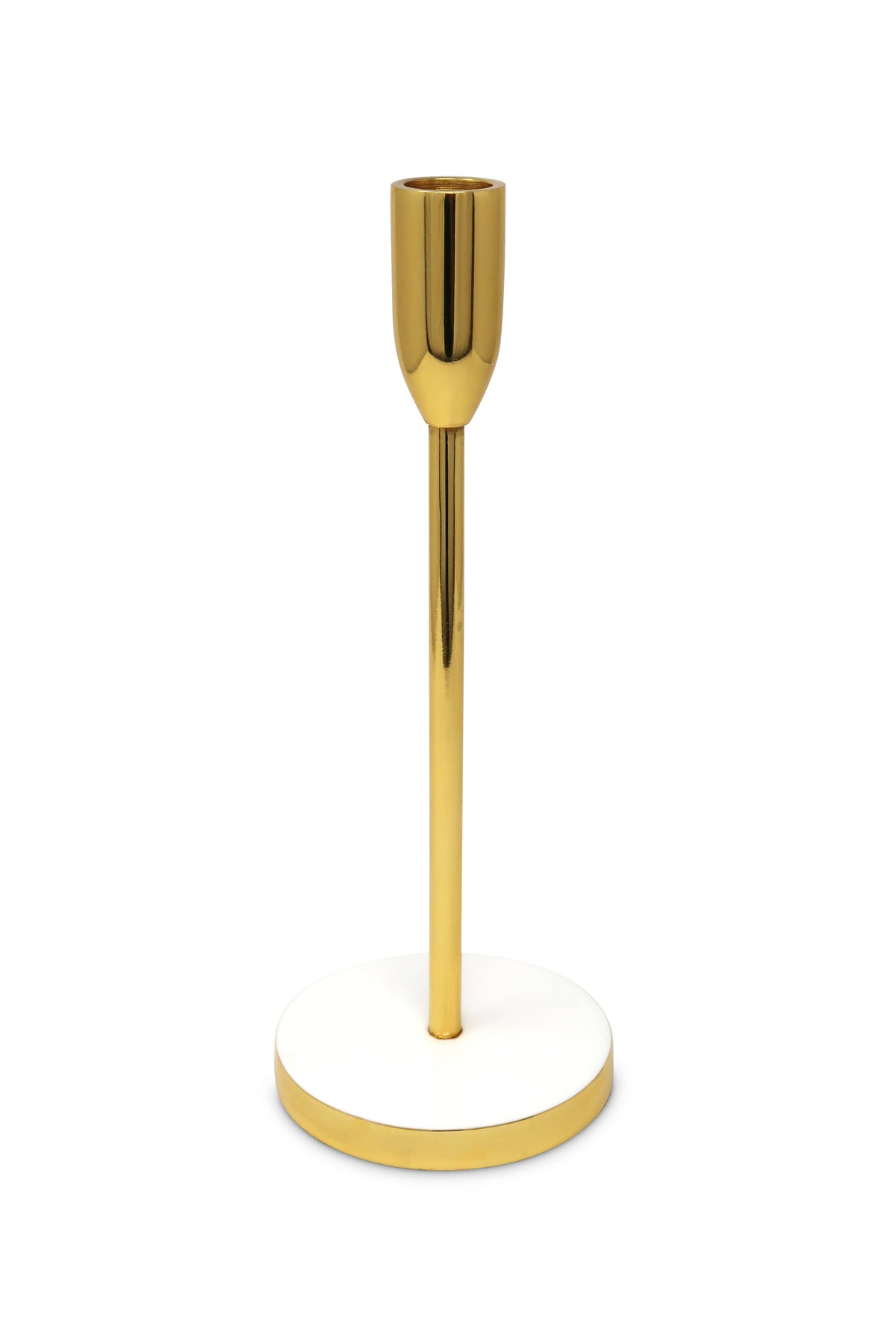 Gold Taper Candle Holder on White Marble Base - 10"H