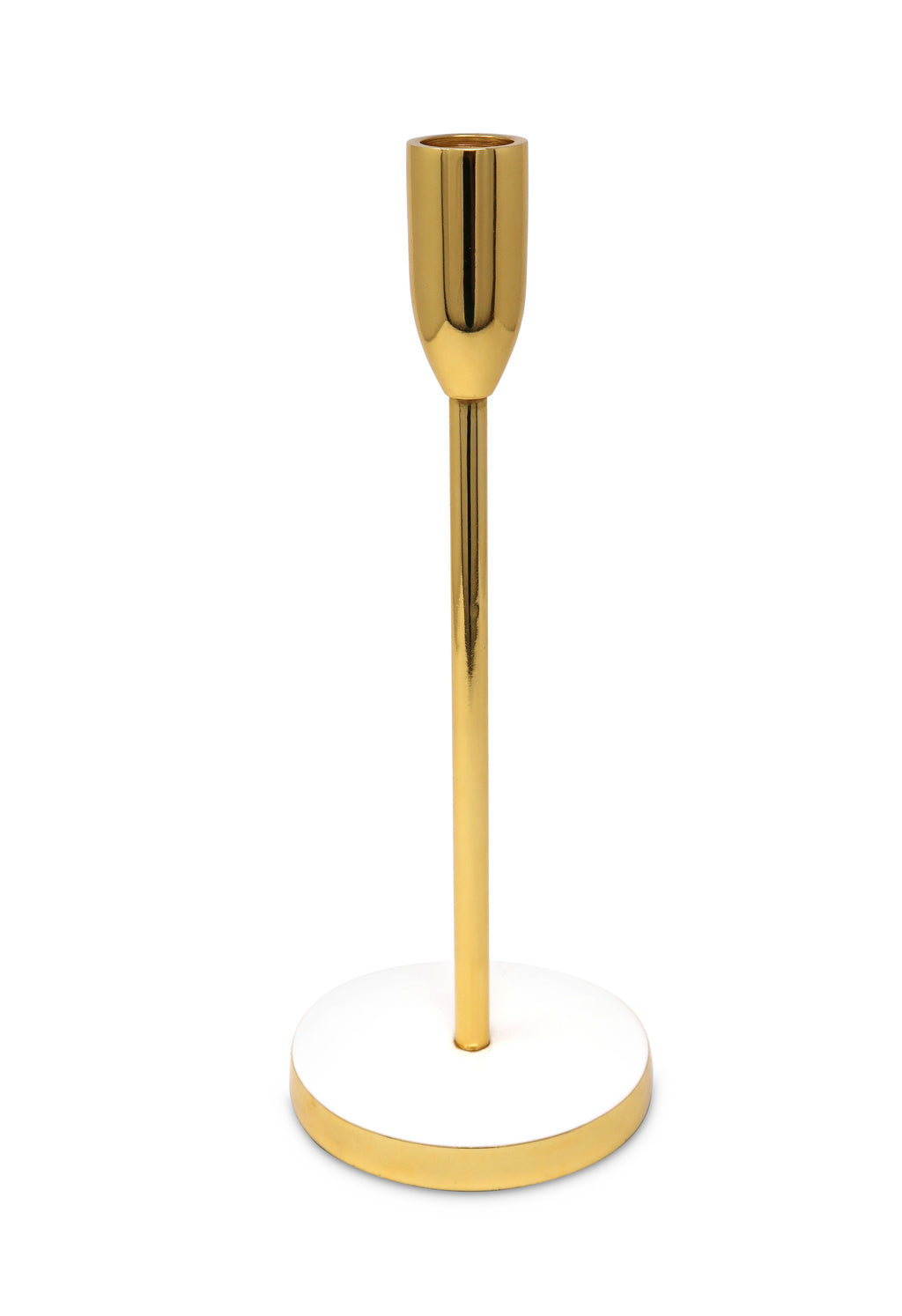 Gold Taper Candle Holder on White Marble Base - 10"H