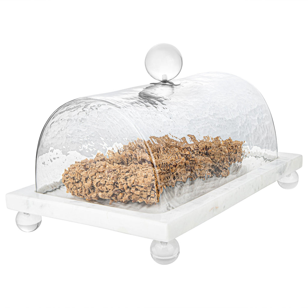 Marble Cake Plater with Glass Cover and Ball Knob - 10.4"L