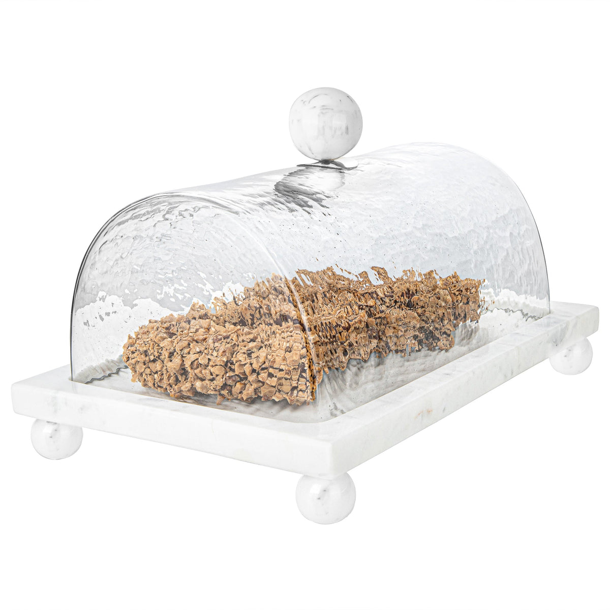 Marble Cake Plater with Glass Cover and Ball Knob - 10.4"L