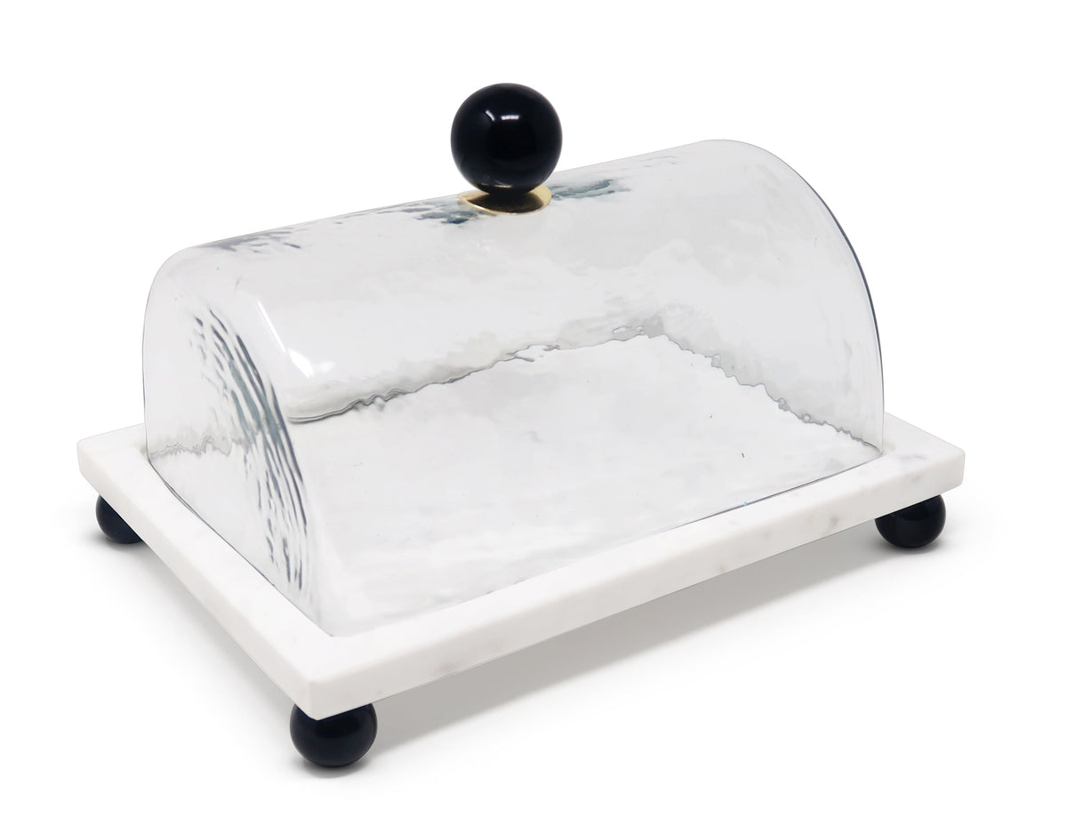 Marble Cake Plater with Glass Cover and Ball Knob - 10.4"L