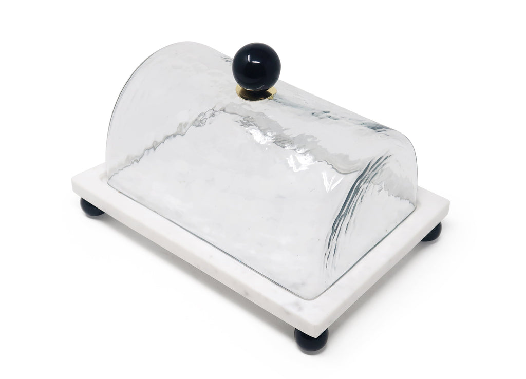 Marble Cake Plater with Glass Cover and Ball Knob - 10.4"L