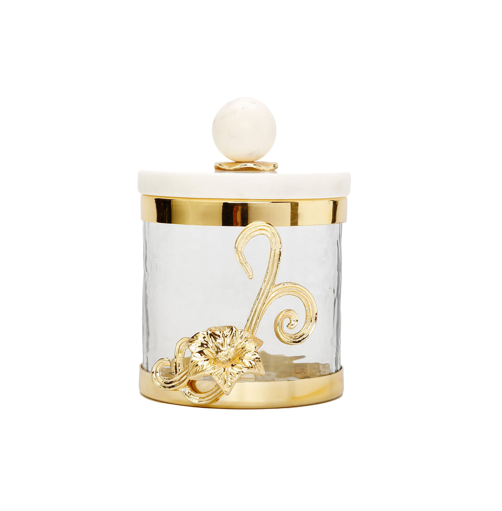 Small Glass Canister with Gold Design and Marble Lid