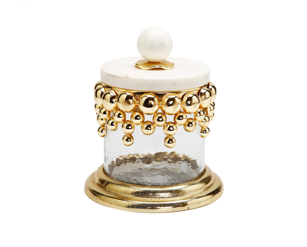 Small Hammered Glass Canisters with Gold Design and Marble Lid