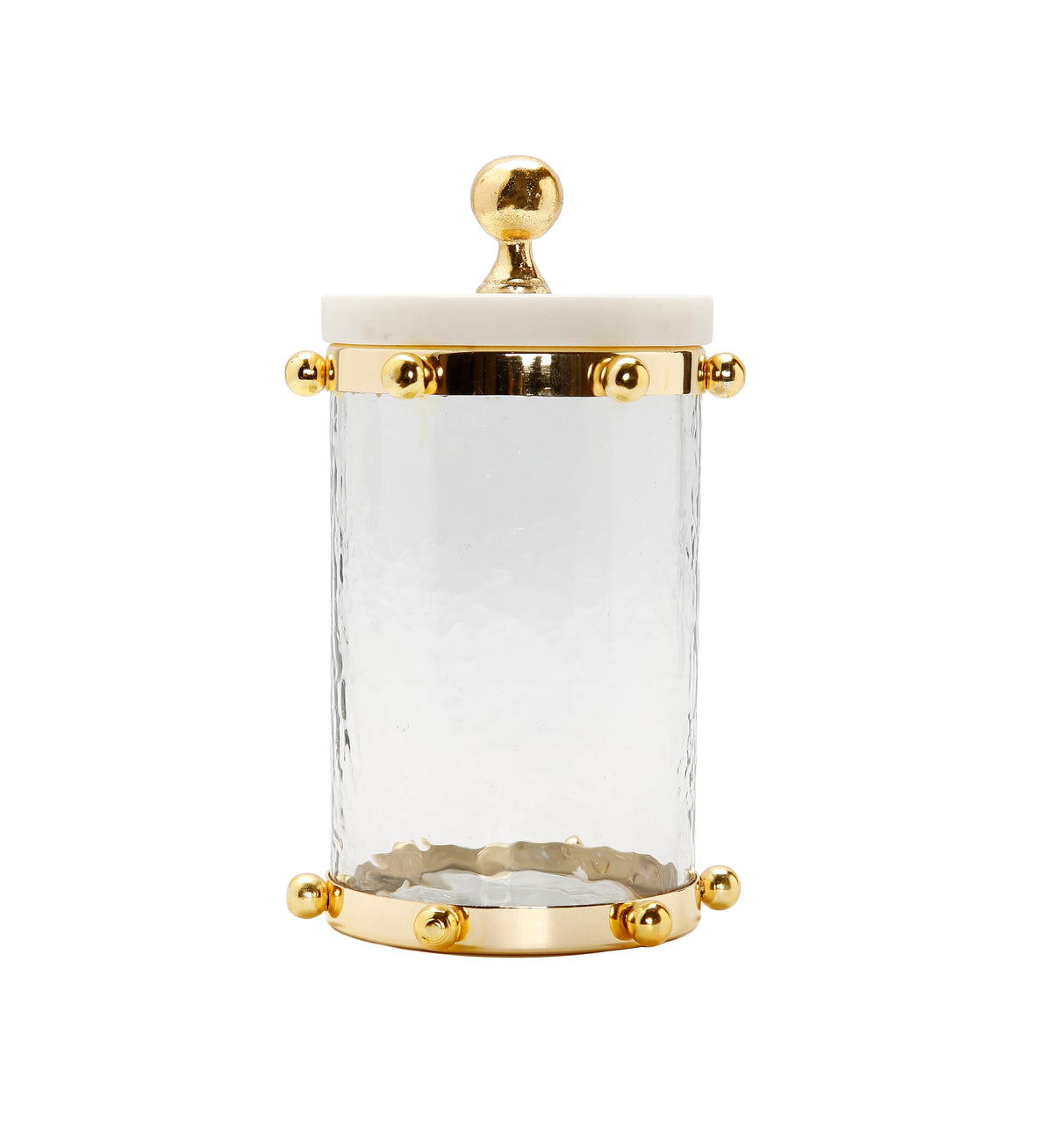 Hammered Glass Canister with Gold Ball Design 8"