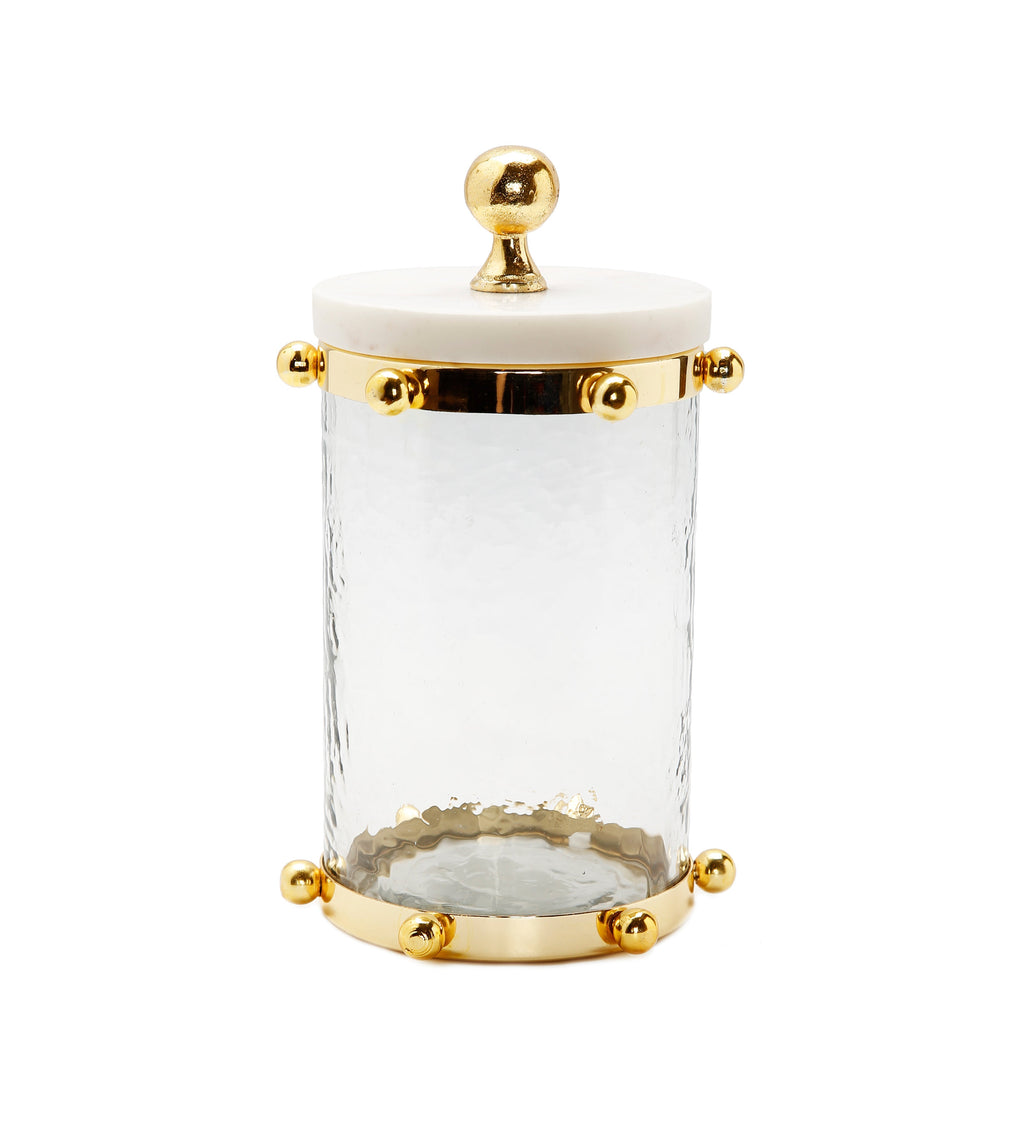 Hammered Glass Canister with Gold Ball Design 8"